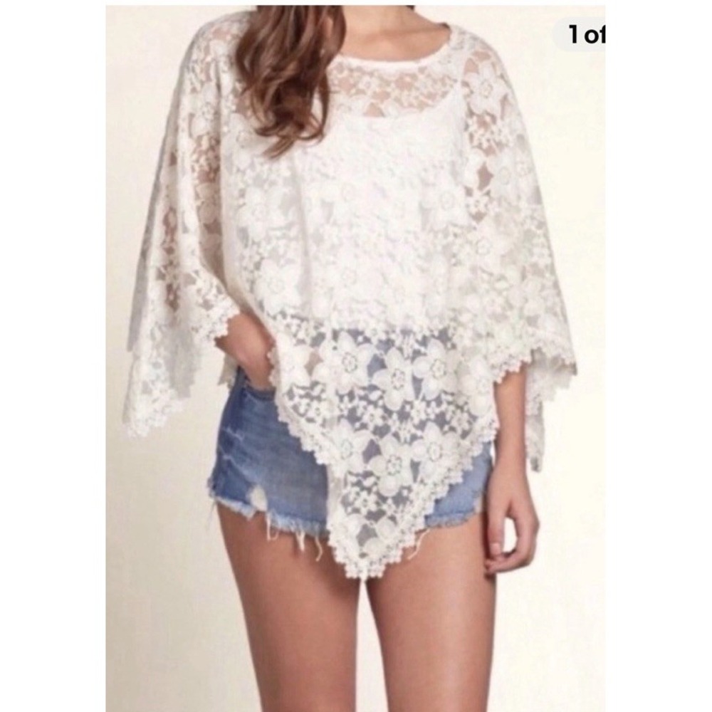 Hollister Poncho Lace Floral Ivory Cream Sheer Top Boho One Size Shawl Top Flowy
